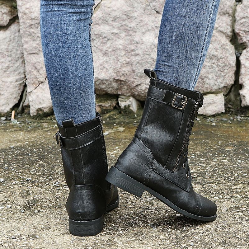 Botas Militares Planas Mujer con Cordones y Cremallera Lateral