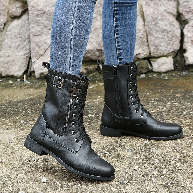 Botas Militares Planas Mujer con Cordones y Cremallera Lateral