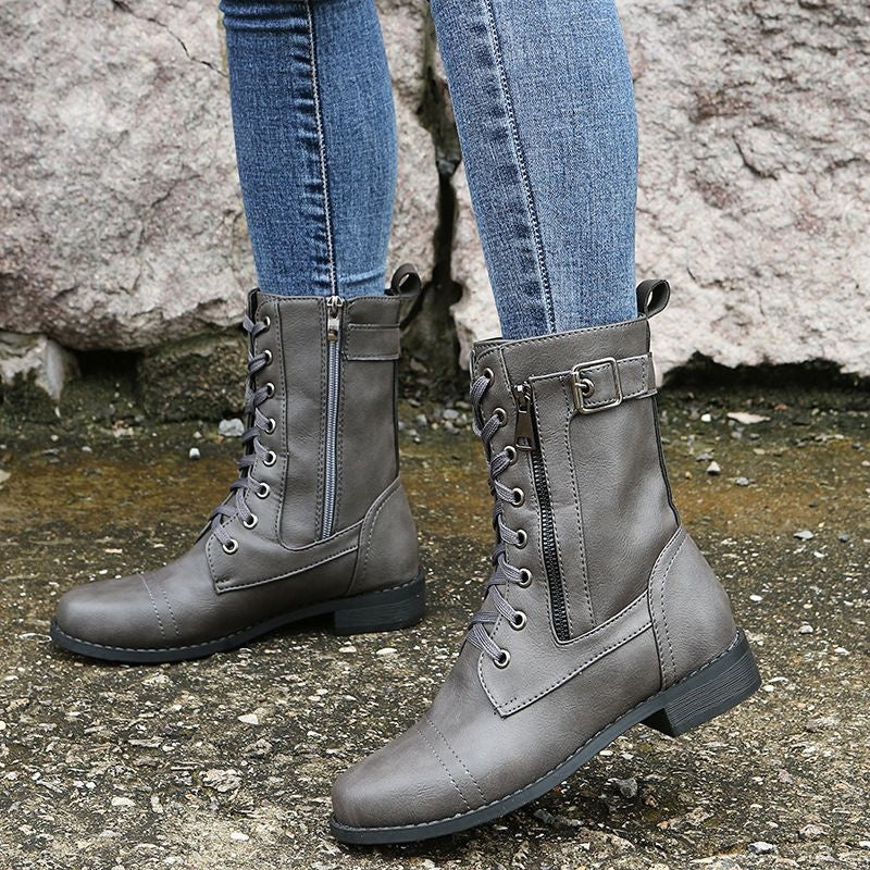 Botas Militares Planas Mujer con Cordones y Cremallera Lateral
