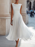 Vestido de Boda de Día Midi Drapeado Mujer Falda Fluida Sin Mangas