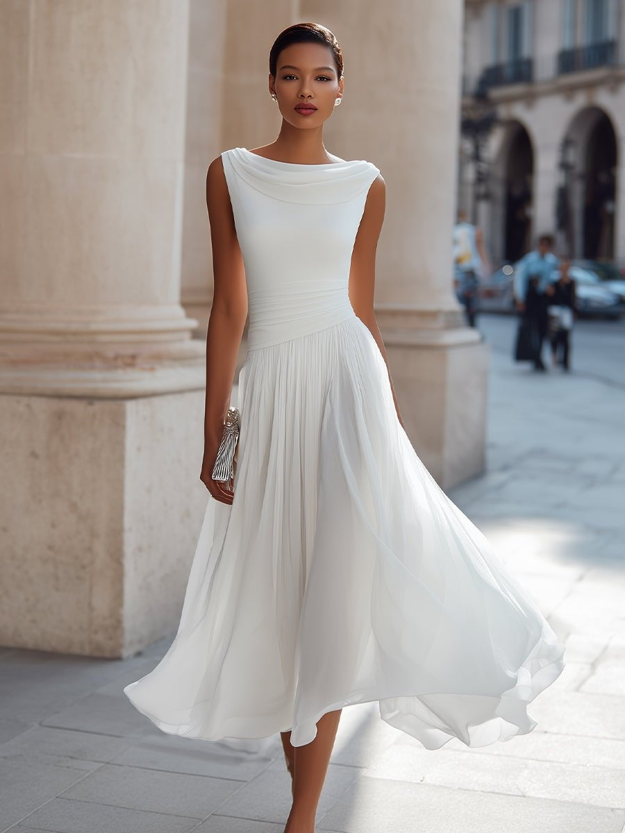 Vestido de Boda de Día Midi Drapeado Mujer Falda Fluida Sin Mangas