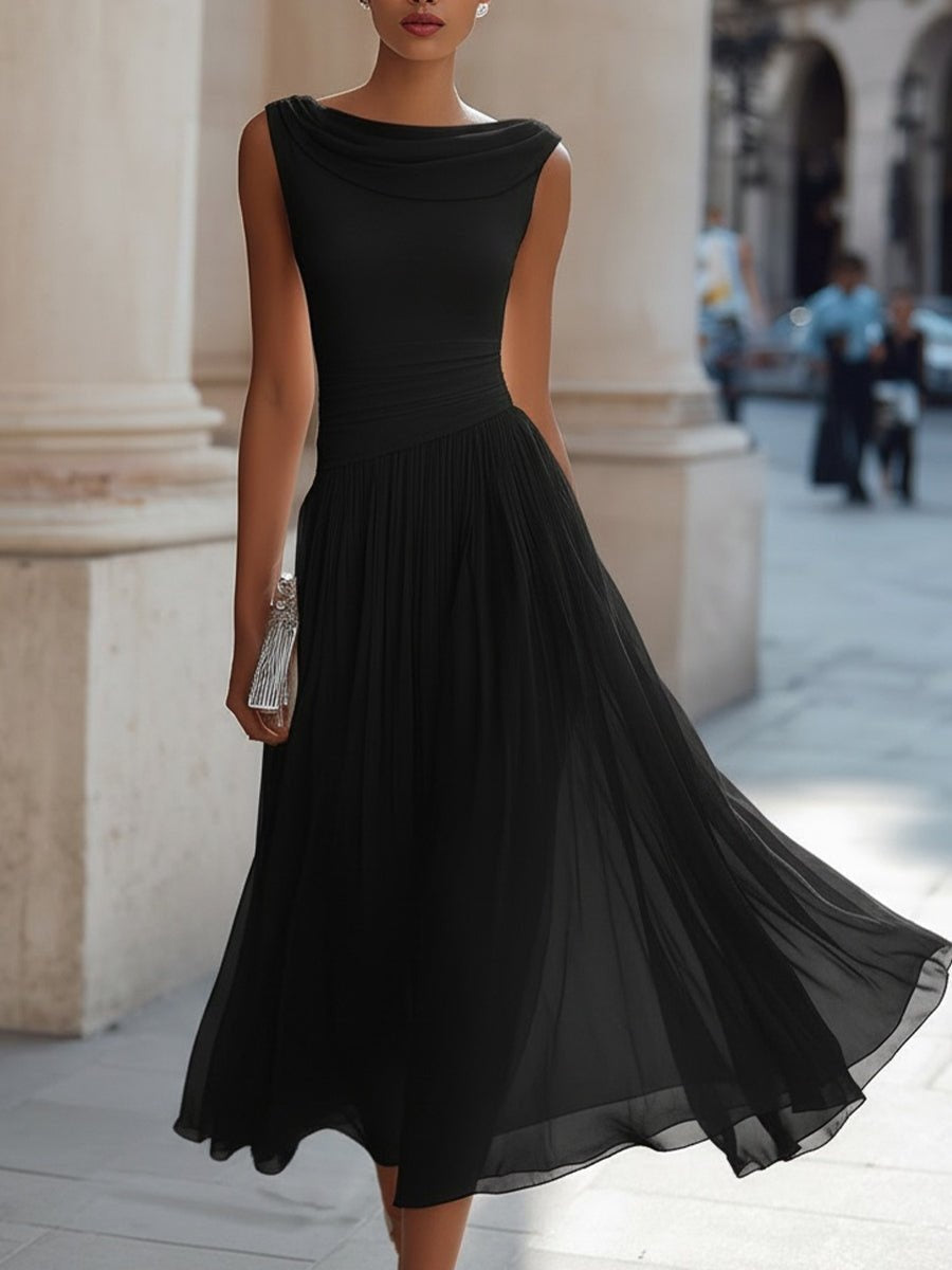 Vestido de Boda de Día Midi Drapeado Mujer Falda Fluida Sin Mangas
