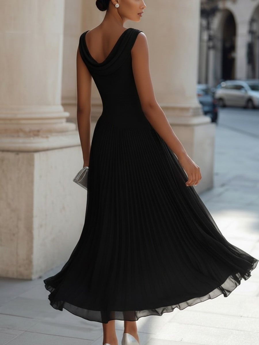 Vestido de Boda de Día Midi Drapeado Mujer Falda Fluida Sin Mangas