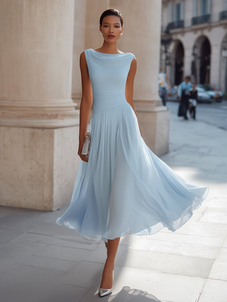 Vestido de Boda de Día Midi Drapeado Mujer Falda Fluida Sin Mangas