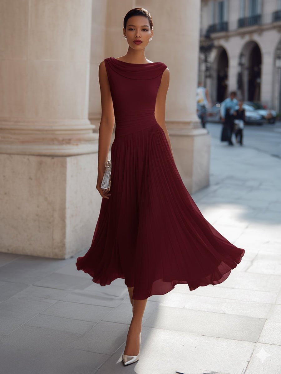 Vestido de Boda de Día Midi Drapeado Mujer Falda Fluida Sin Mangas