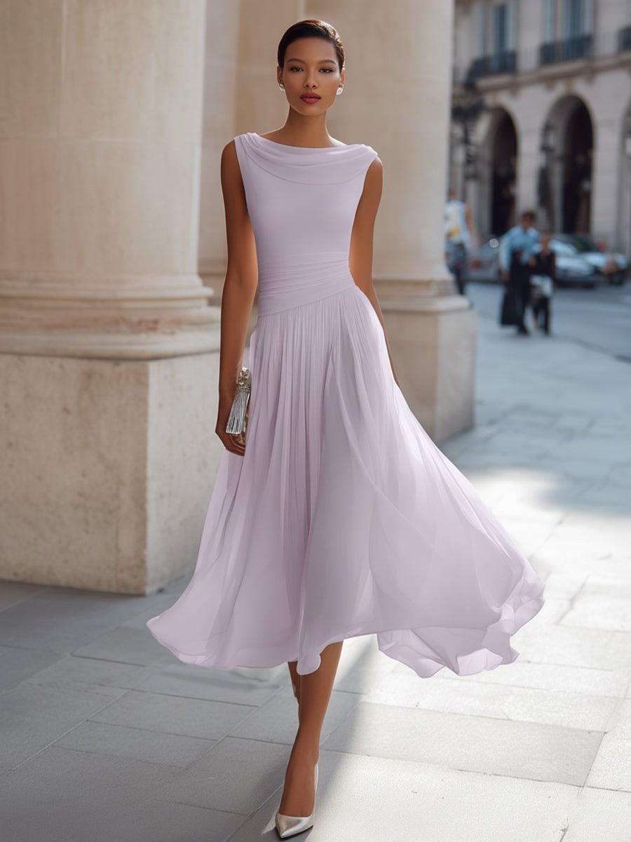 Vestido de Boda de Día Midi Drapeado Mujer Falda Fluida Sin Mangas
