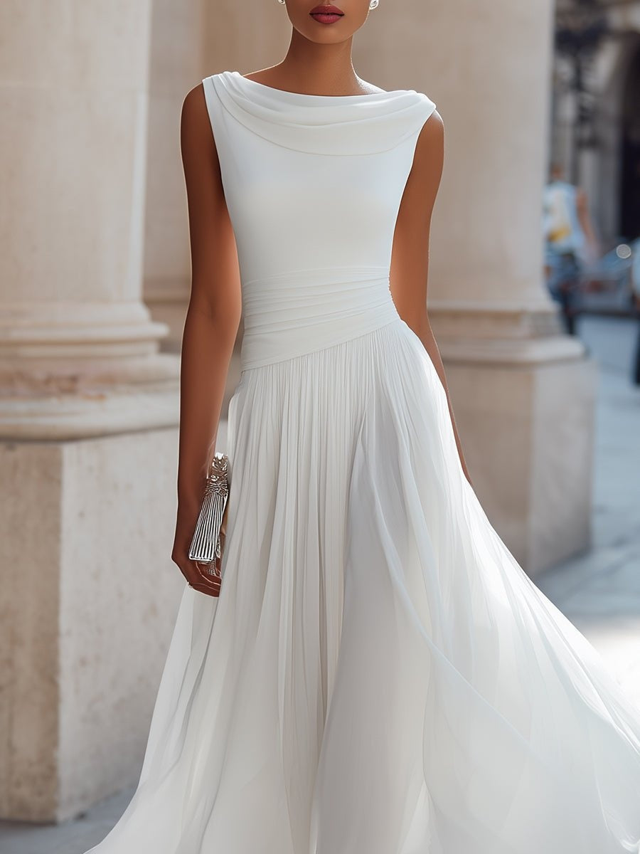 Vestido de Boda de Día Midi Drapeado Mujer Falda Fluida Sin Mangas