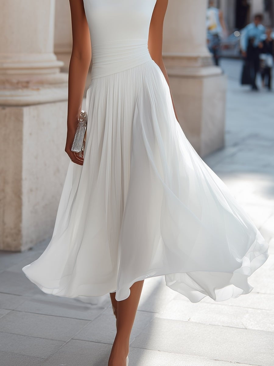 Vestido de Boda de Día Midi Drapeado Mujer Falda Fluida Sin Mangas