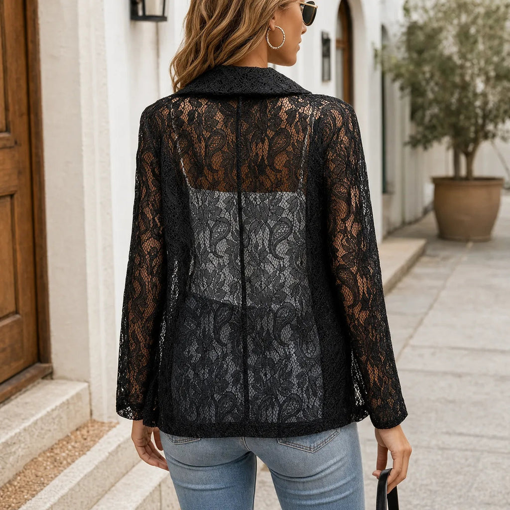 Delia | Blazer de Encaje Floral Mujer Manga Larga Solapa Abierta
