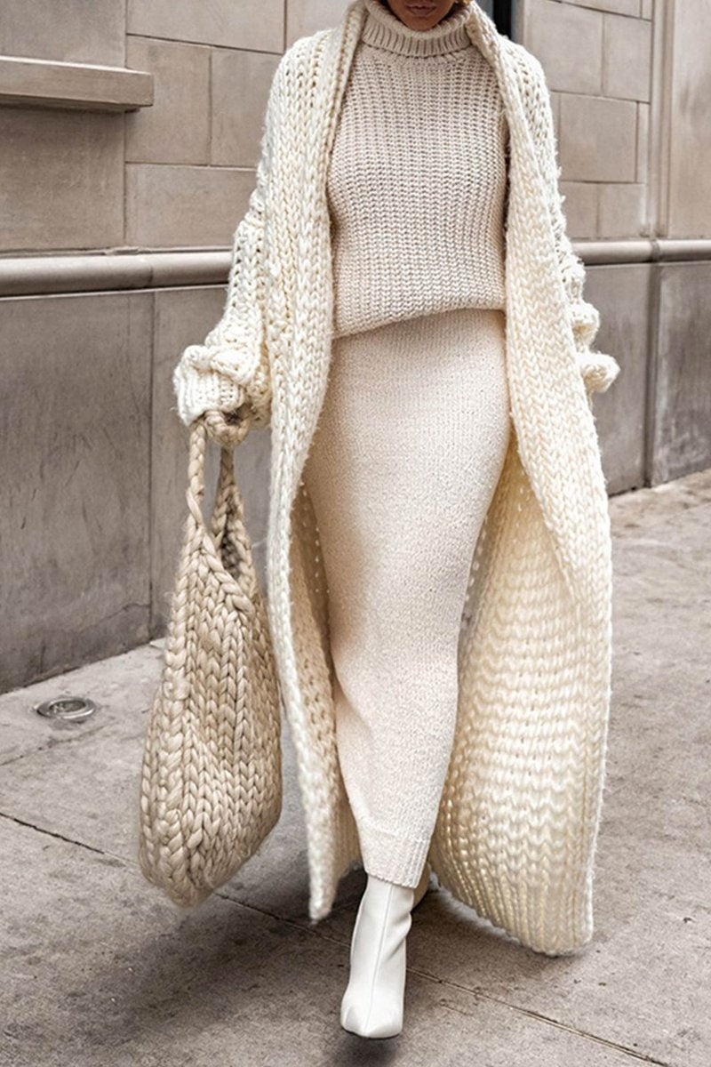 Cárdigan Largo de Punto Grueso Oversize Mujer Frente Abierto