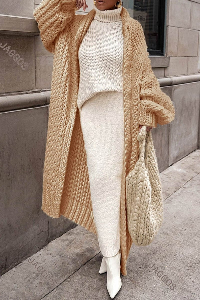 Cárdigan Largo de Punto Grueso Oversize Mujer Frente Abierto