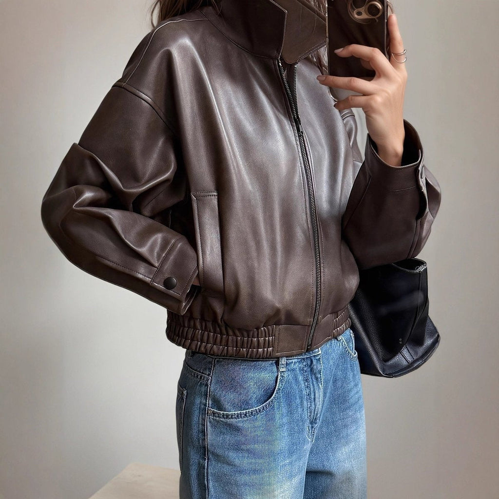 Chaqueta Motera de Piel Mujer Cintura Elástica Cremallera