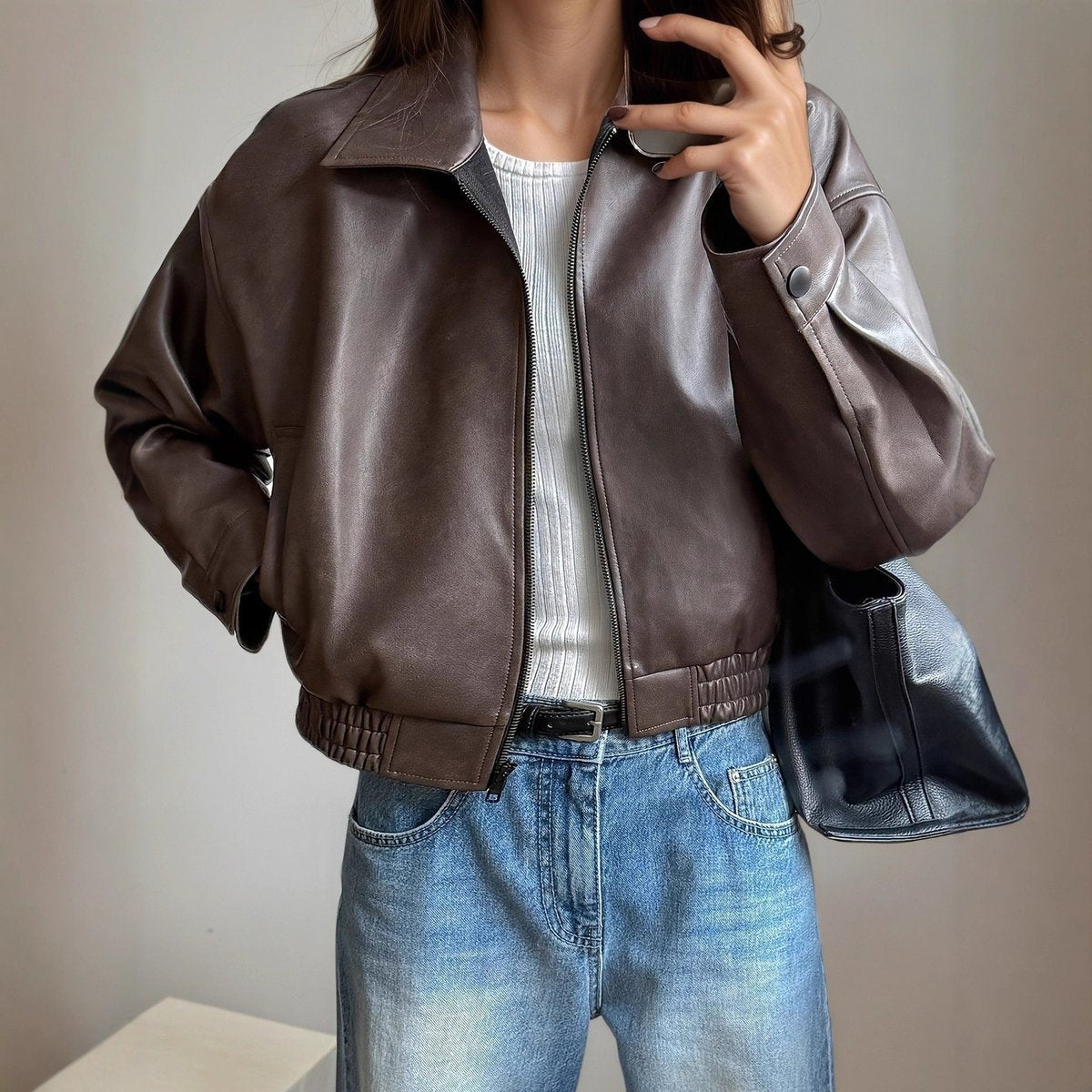 Chaqueta Motera de Piel Mujer Cintura Elástica Cremallera