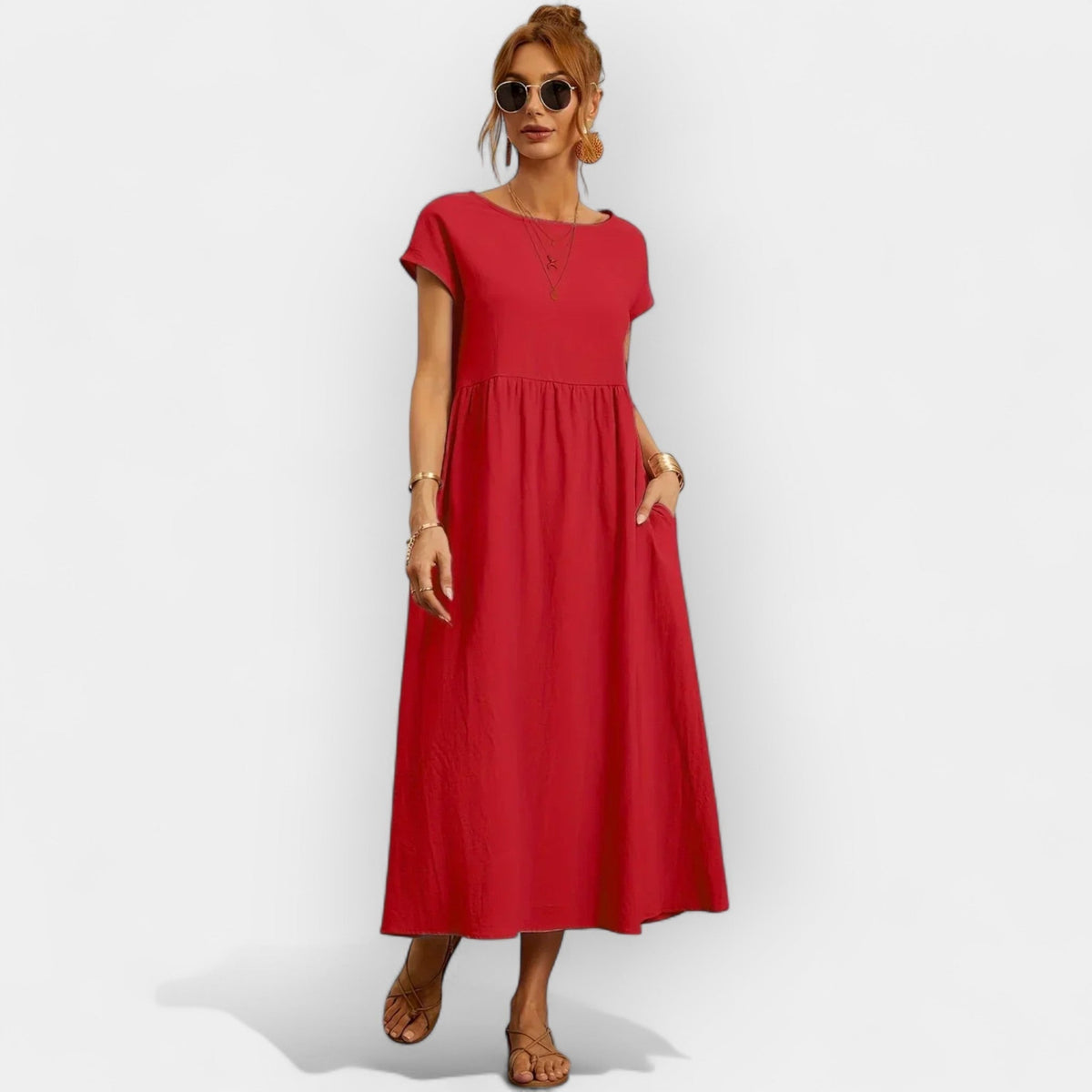 Vestido Midi Casual con Bolsillos Mujer Manga Corta