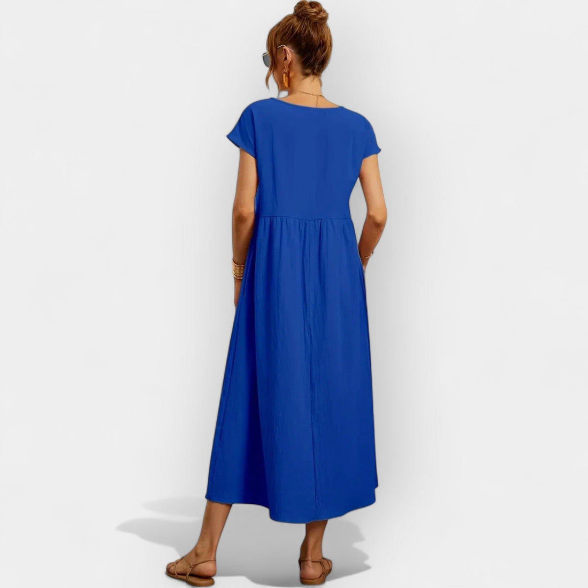 Vestido Midi Casual con Bolsillos Mujer Manga Corta