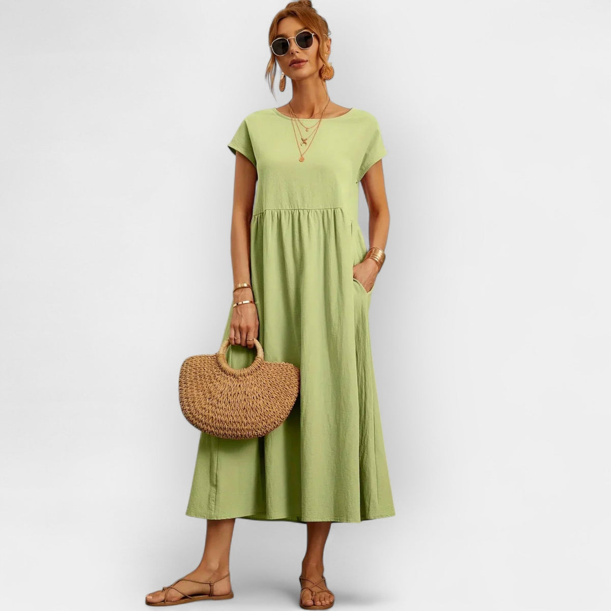 Vestido Midi Casual con Bolsillos Mujer Manga Corta