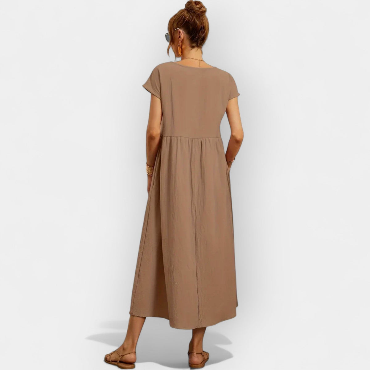 Vestido Midi Casual con Bolsillos Mujer Manga Corta