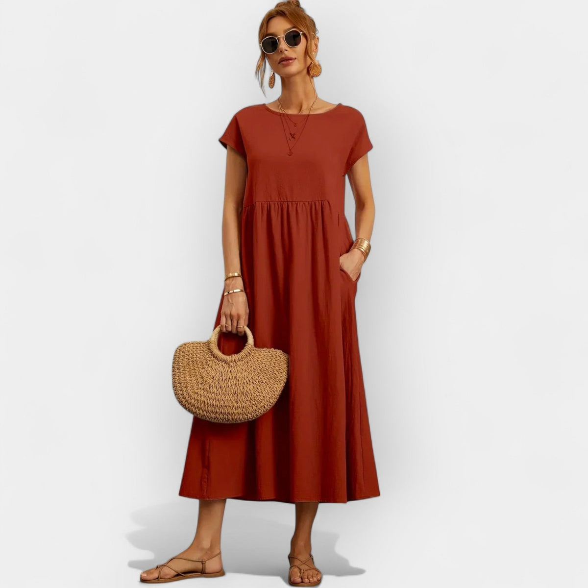 Vestido Midi Casual con Bolsillos Mujer Manga Corta