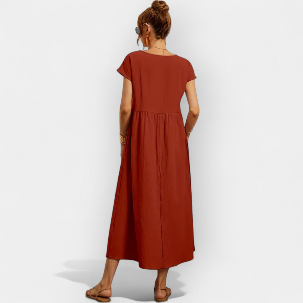 Vestido Midi Casual con Bolsillos Mujer Manga Corta