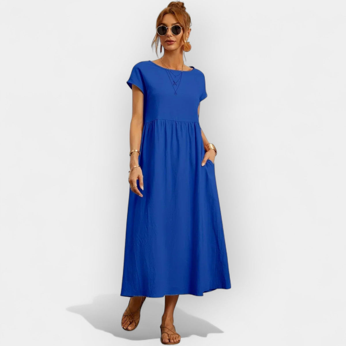 Vestido Midi Casual con Bolsillos Mujer Manga Corta