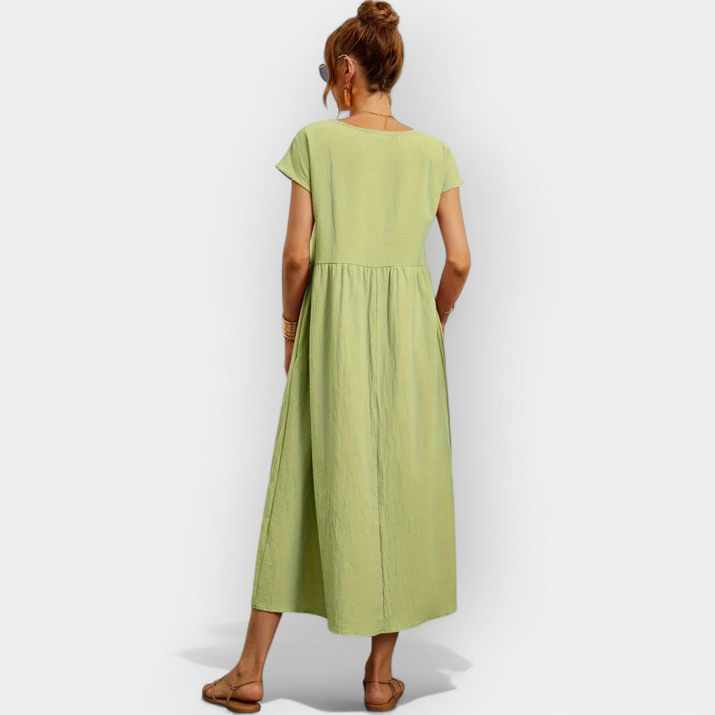 Vestido Midi Casual con Bolsillos Mujer Manga Corta
