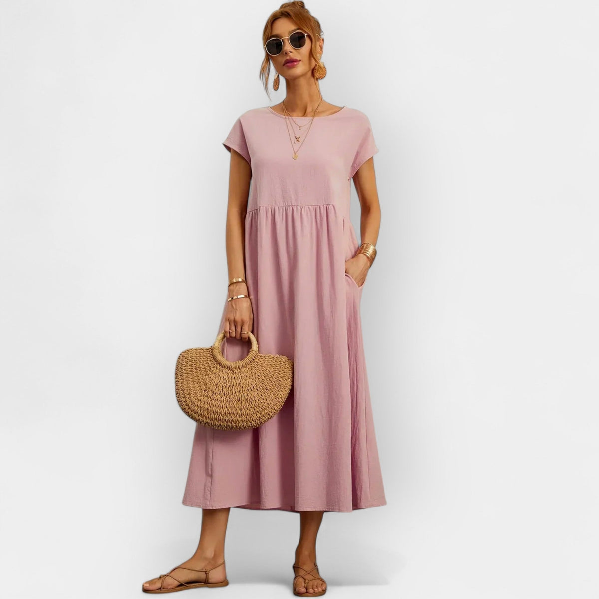 Vestido Midi Casual con Bolsillos Mujer Manga Corta