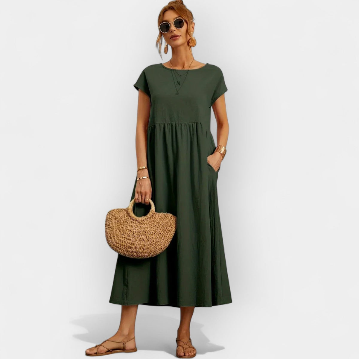 Vestido Midi Casual con Bolsillos Mujer Manga Corta