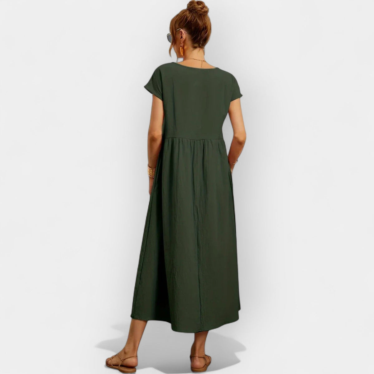 Vestido Midi Casual con Bolsillos Mujer Manga Corta