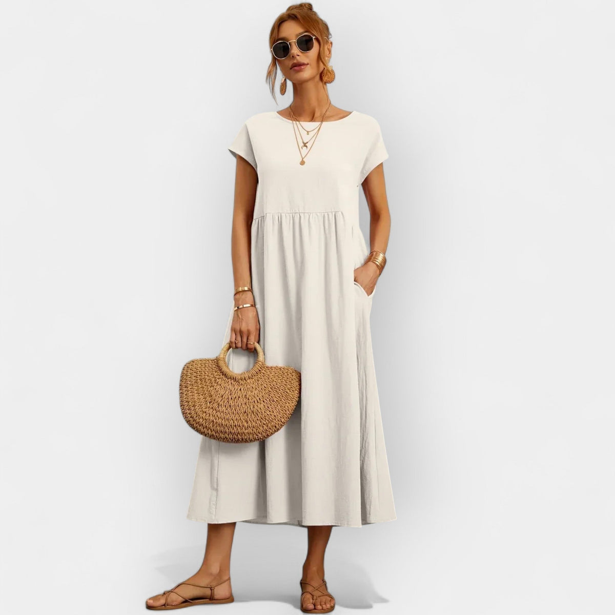 Vestido Midi Casual con Bolsillos Mujer Manga Corta
