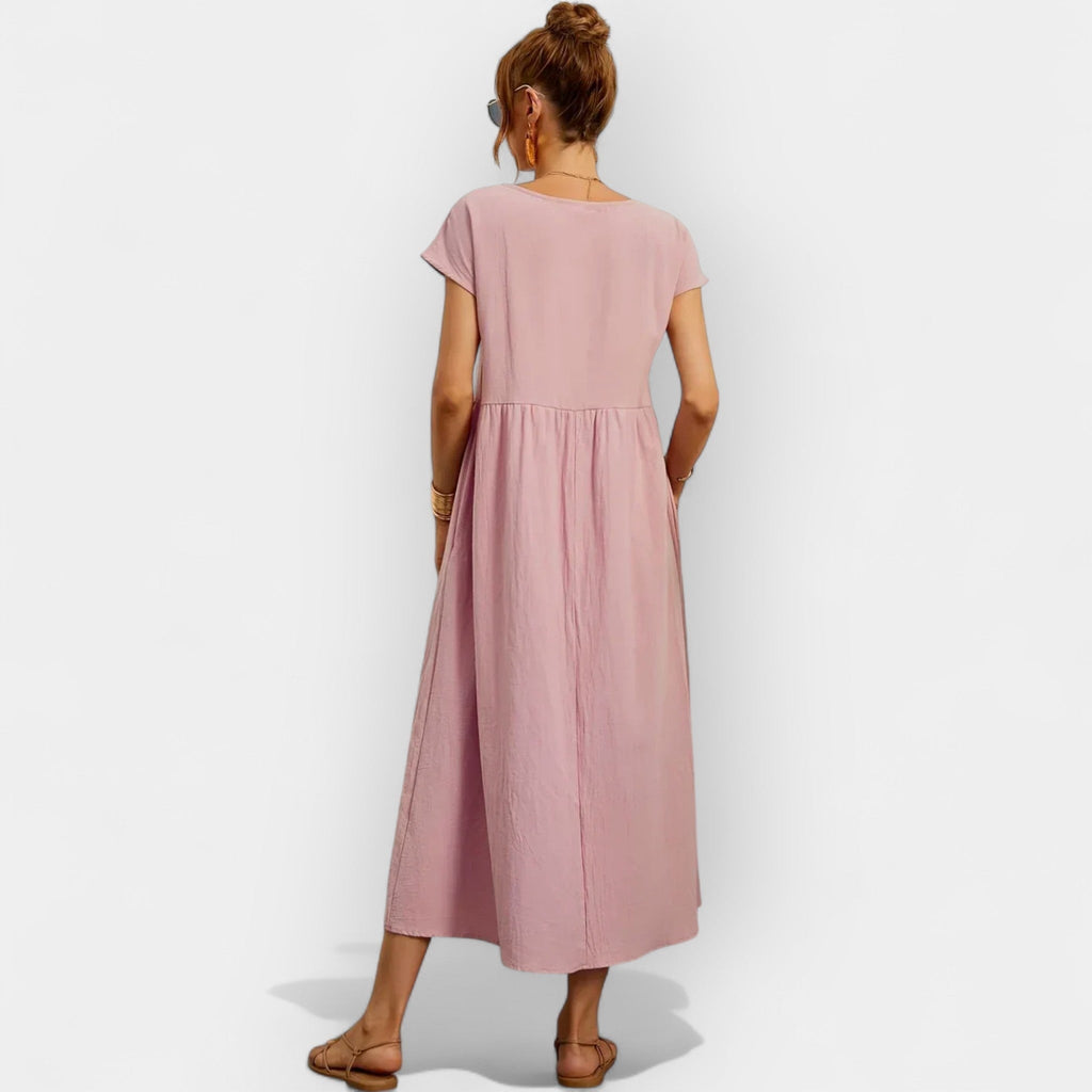 Vestido Midi Casual con Bolsillos Mujer Manga Corta
