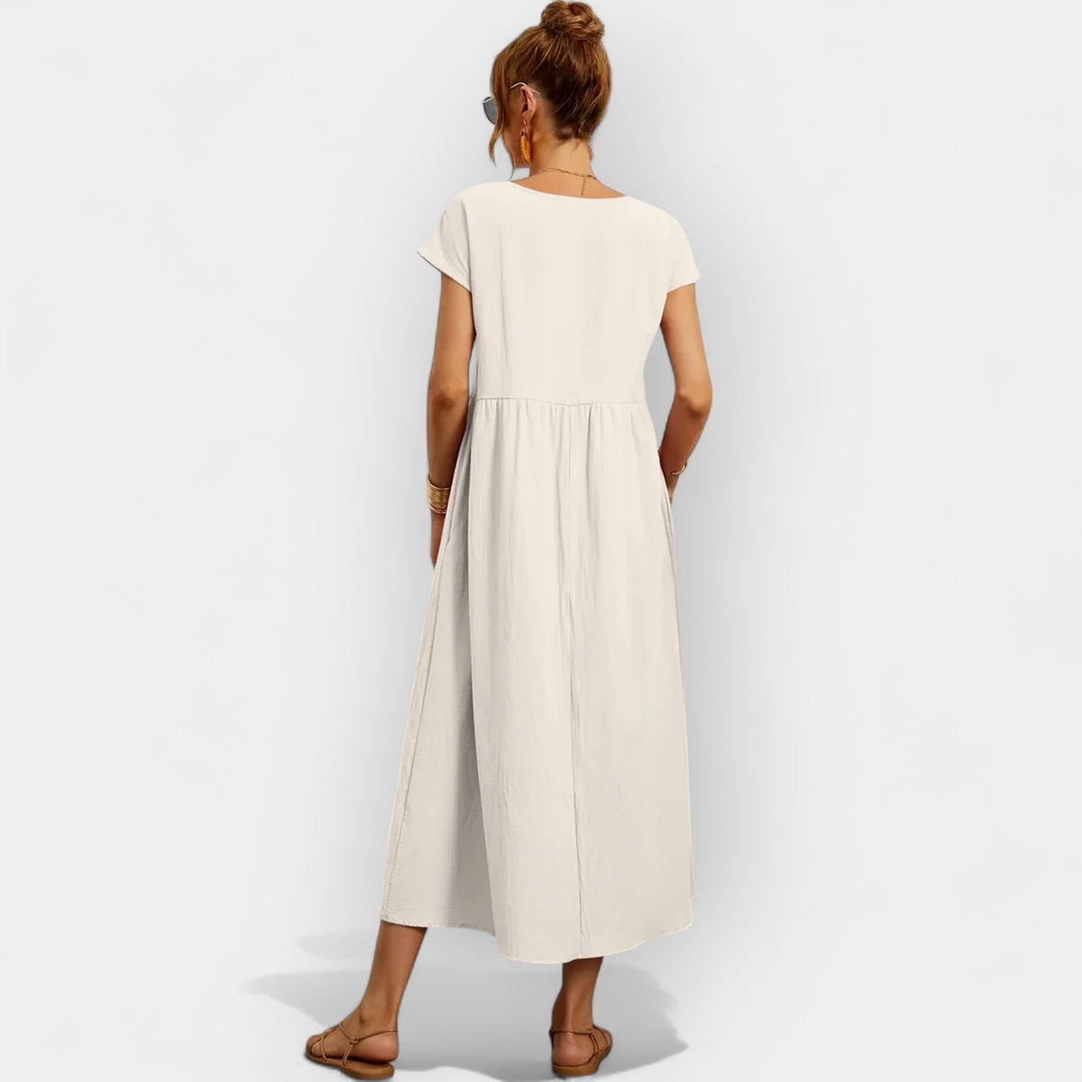 Vestido Midi Casual con Bolsillos Mujer Manga Corta