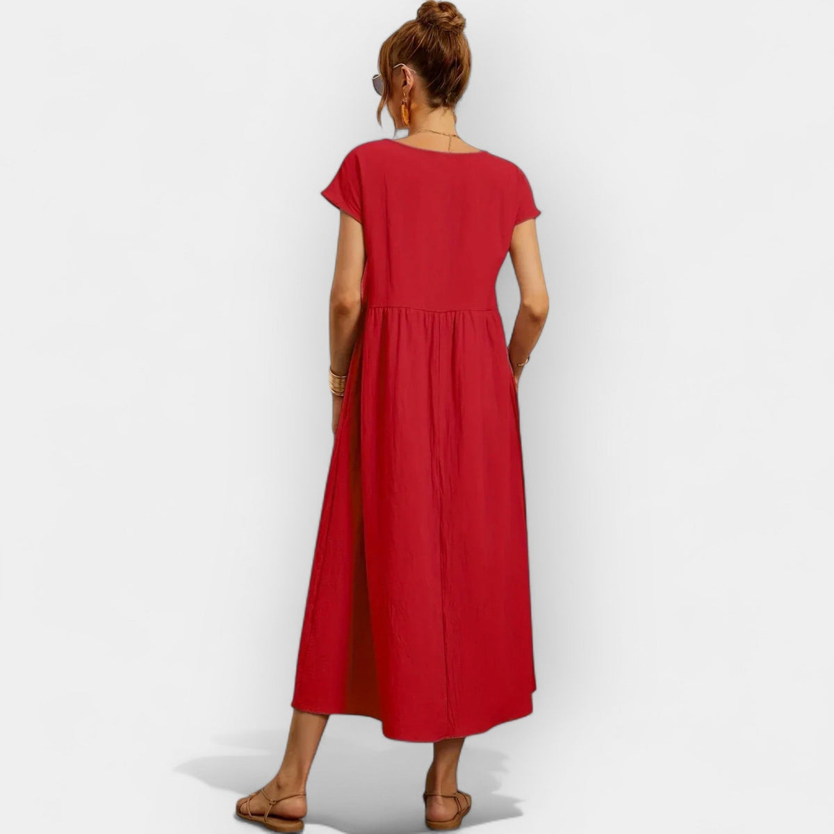 Vestido Midi Casual con Bolsillos Mujer Manga Corta