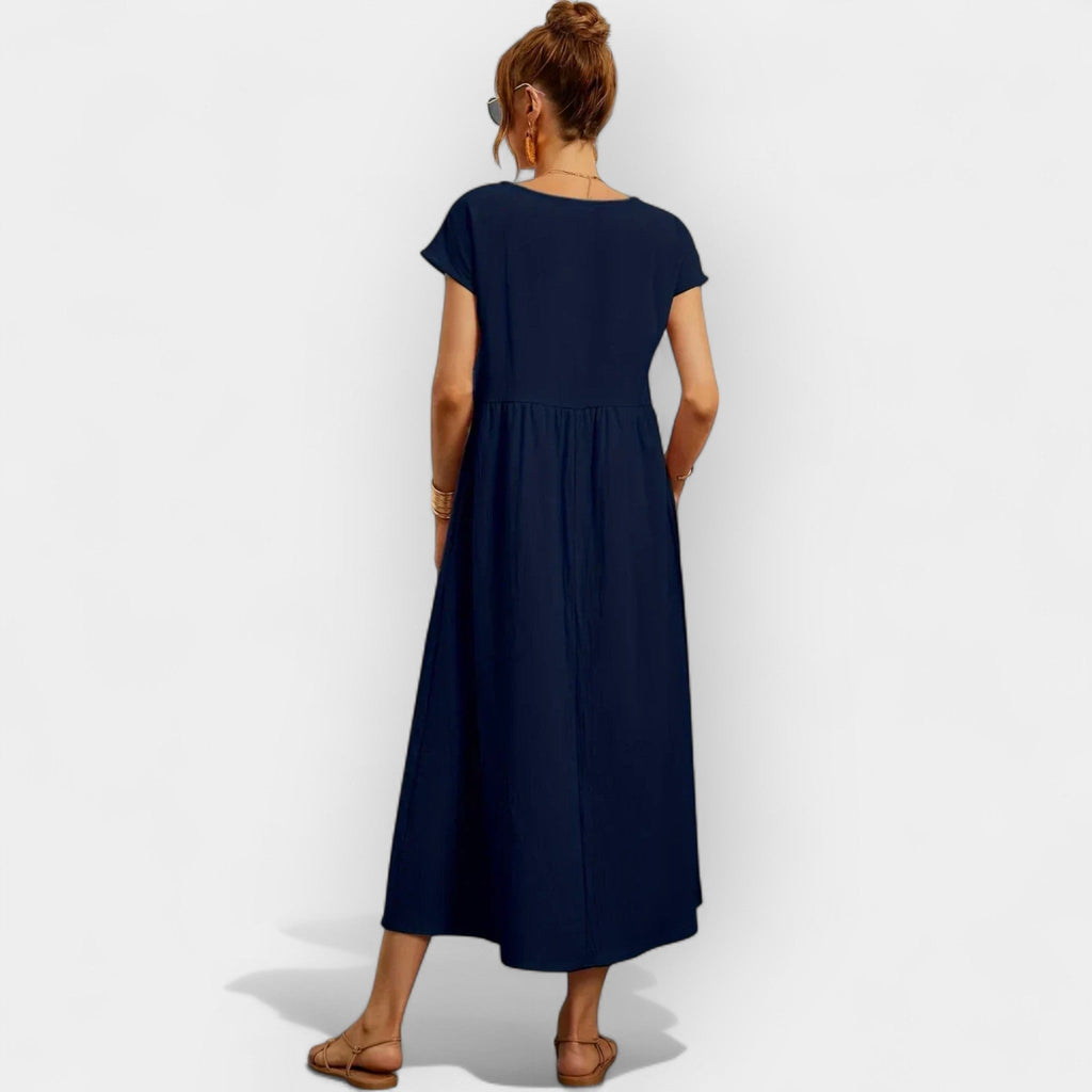 Vestido Midi Casual con Bolsillos Mujer Manga Corta