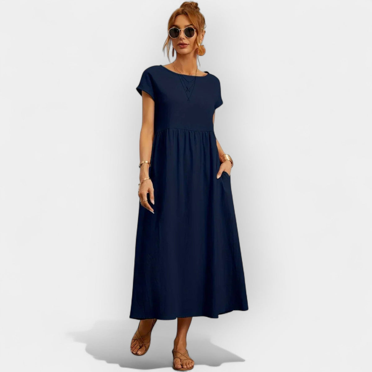 Vestido Midi Casual con Bolsillos Mujer Manga Corta
