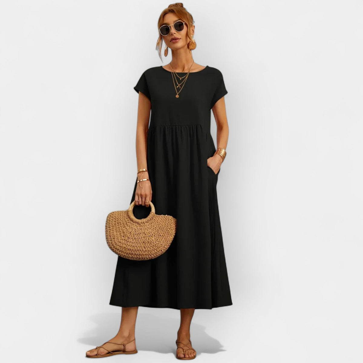 Vestido Midi Casual con Bolsillos Mujer Manga Corta