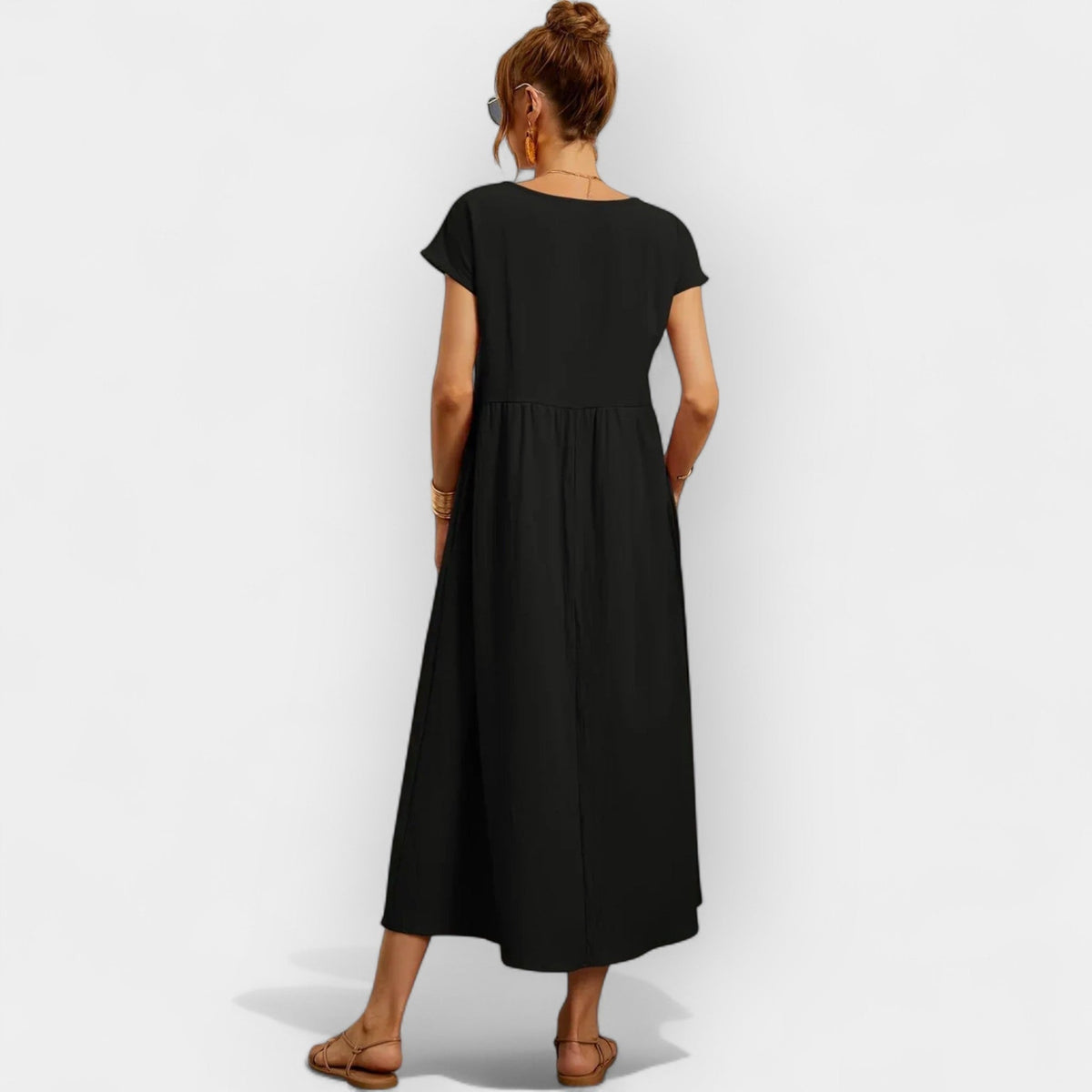 Vestido Midi Casual con Bolsillos Mujer Manga Corta