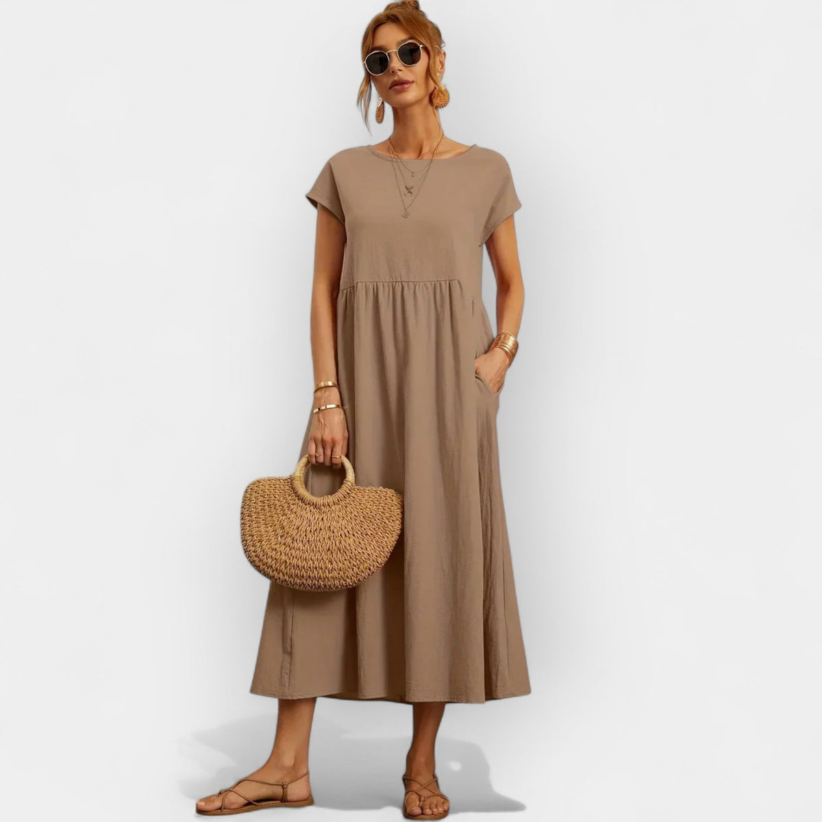 Vestido Midi Casual con Bolsillos Mujer Manga Corta