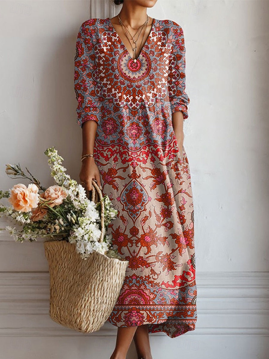 Vestido Midi Boho de Lino Estampado Mujer Escote V