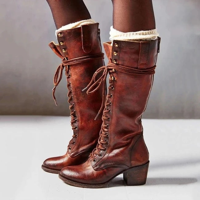Botas de Piel con Cordones Mujer Caña Alta Tacón