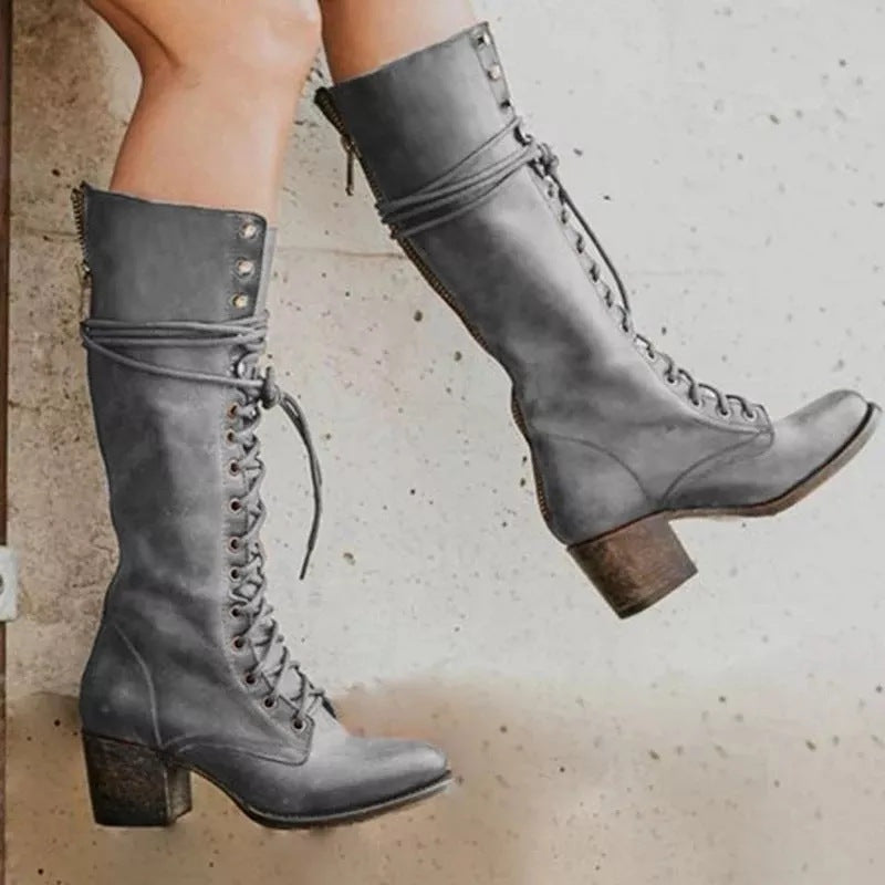 Botas de Piel con Cordones Mujer Caña Alta Tacón