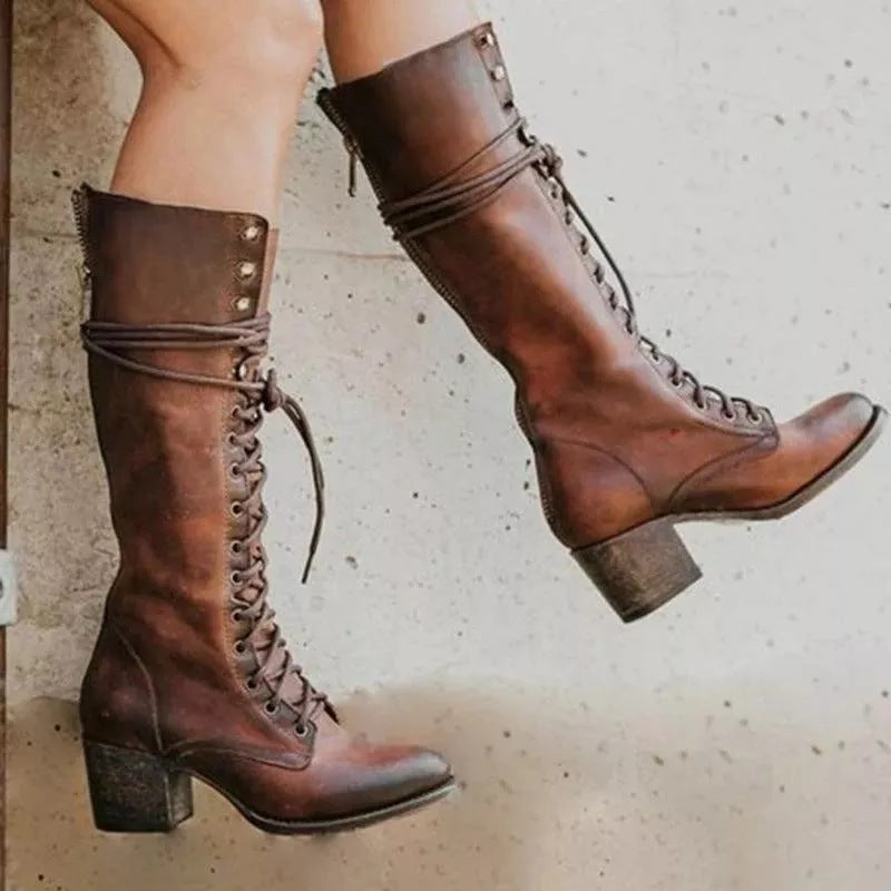 Botas de Piel con Cordones Mujer Caña Alta Tacón