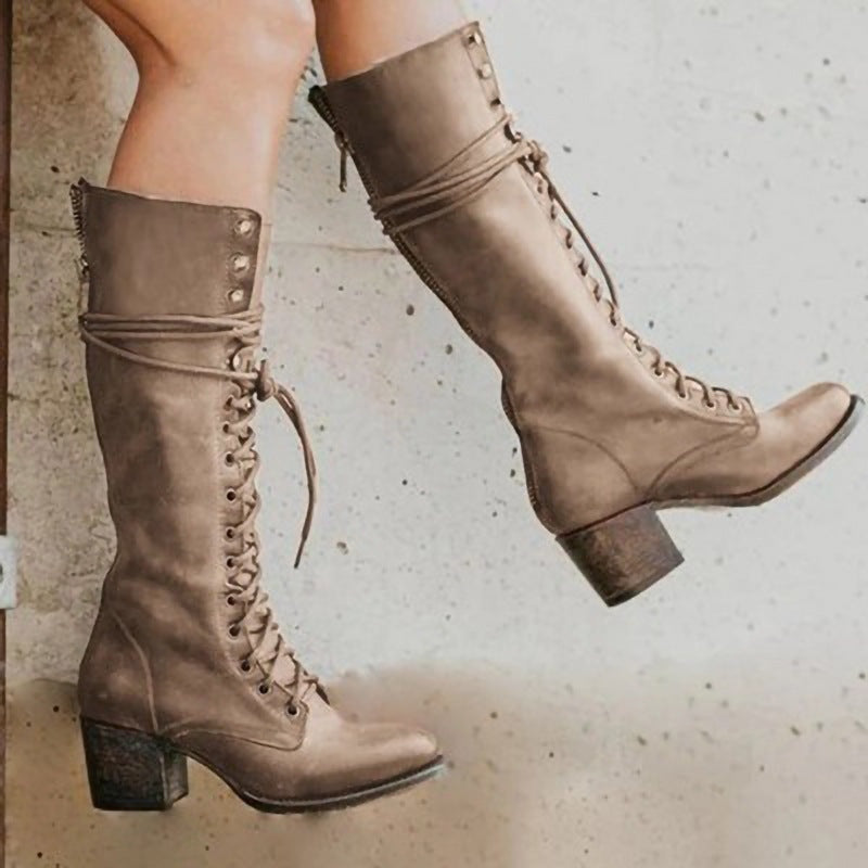 Botas de Piel con Cordones Mujer Caña Alta Tacón