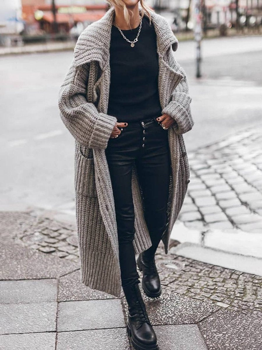 Jersey de Punto Largo Oversized Mujer Cuello Solapa Bolsillos