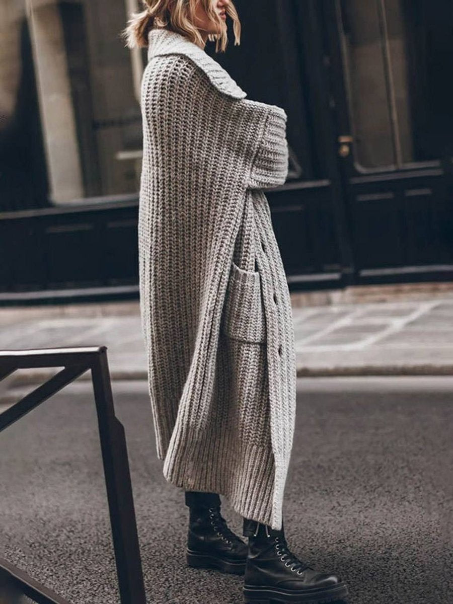 Jersey de Punto Largo Oversized Mujer Cuello Solapa Bolsillos