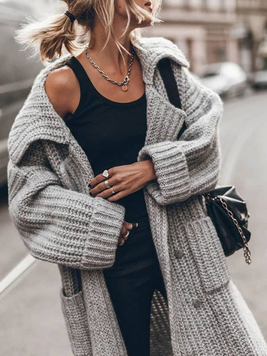 Jersey de Punto Largo Oversized Mujer Cuello Solapa Bolsillos