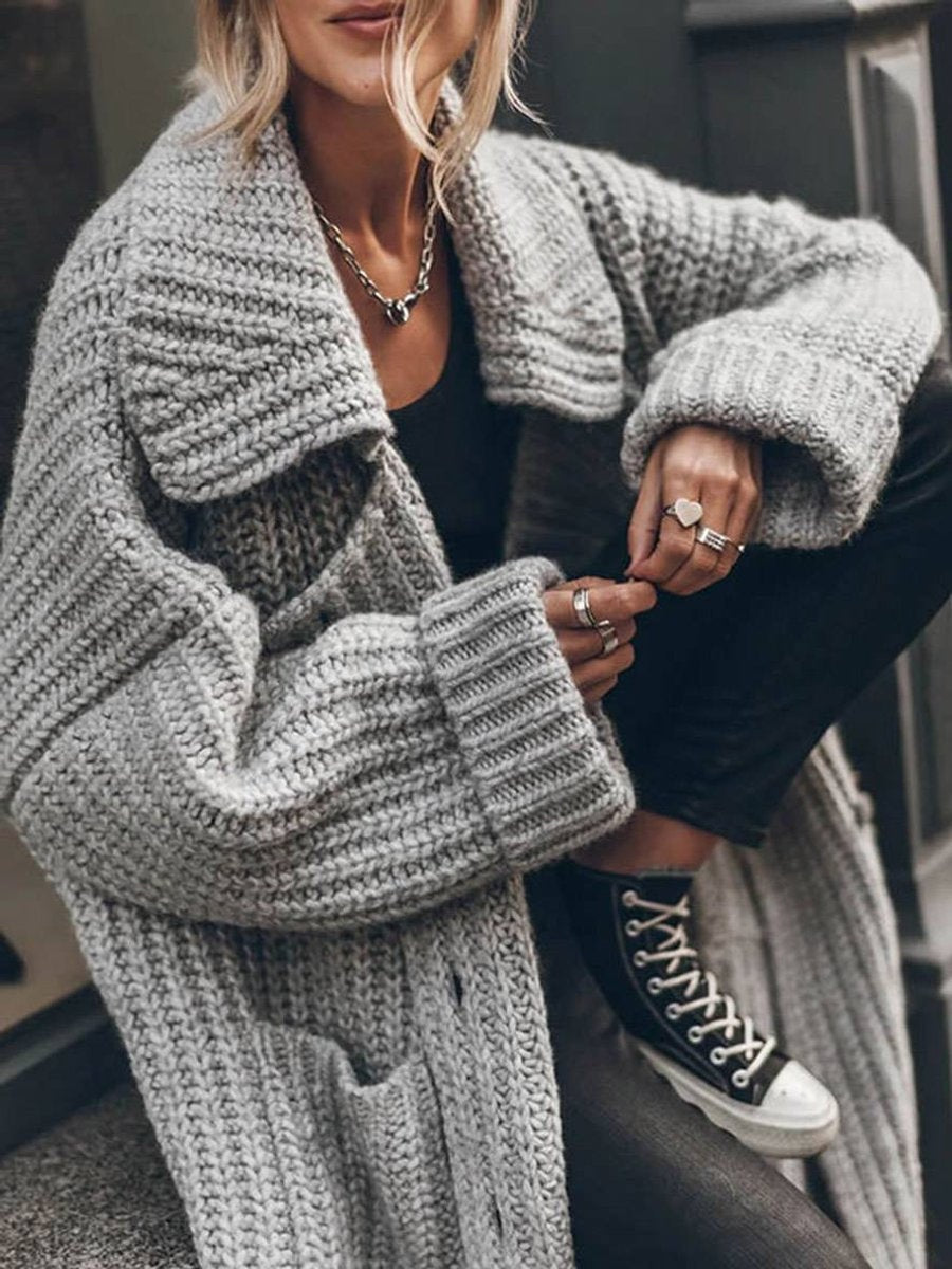 Jersey de Punto Largo Oversized Mujer Cuello Solapa Bolsillos