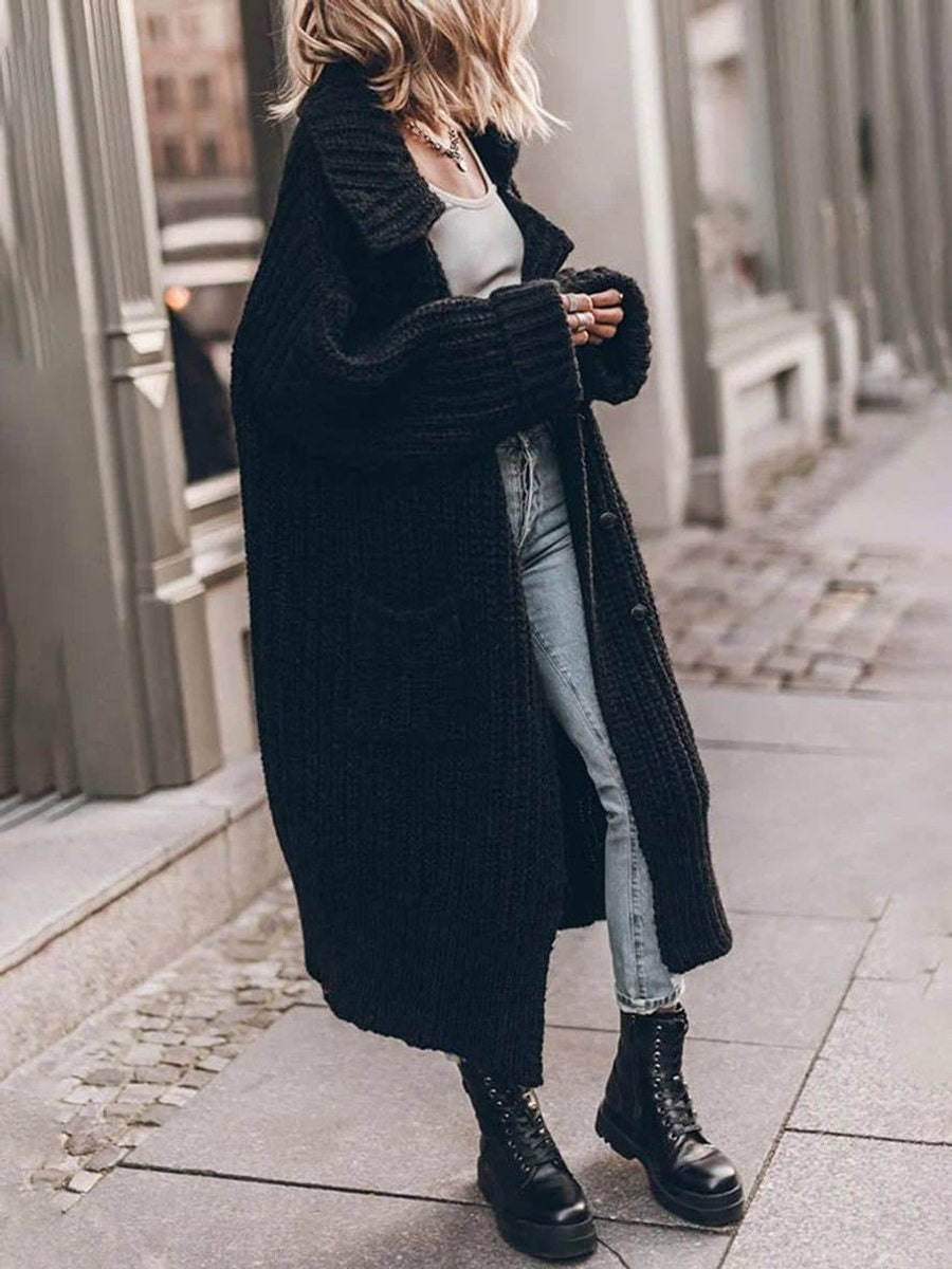 Jersey de Punto Largo Oversized Mujer Cuello Solapa Bolsillos