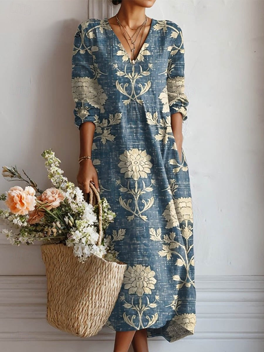 Vestido Midi Boho de Lino Estampado Mujer Escote V