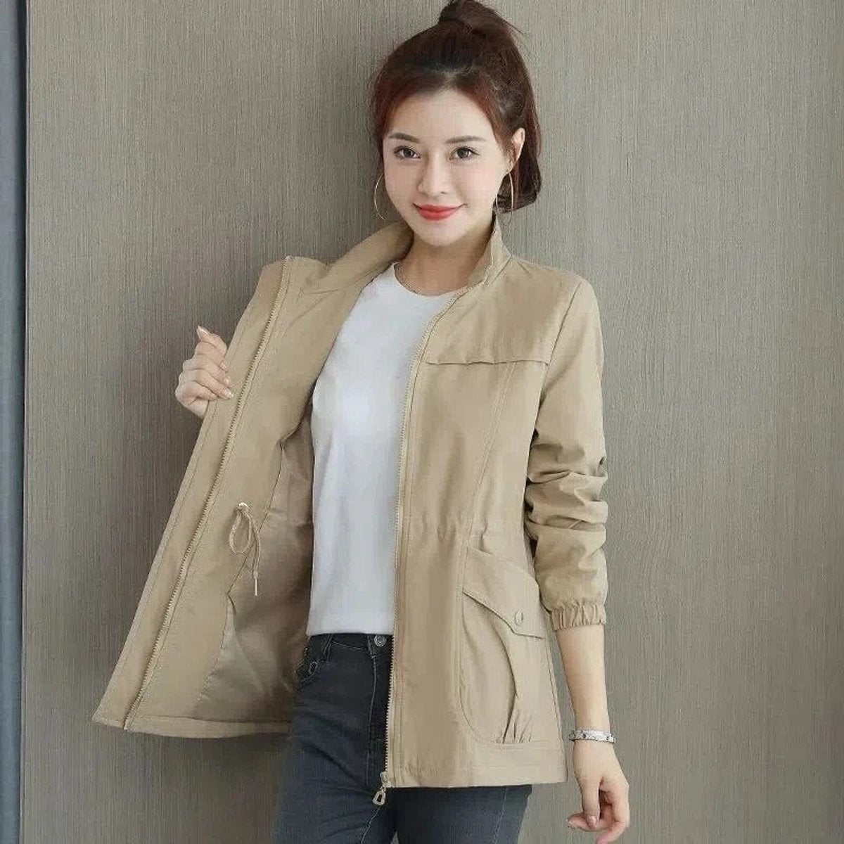 Chaqueta Militar Ligera Mujer Cremallera Cintura Ajustable