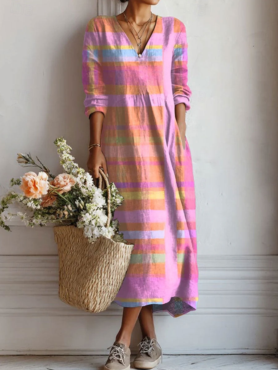 Vestido Midi Boho de Lino Estampado Mujer Escote V
